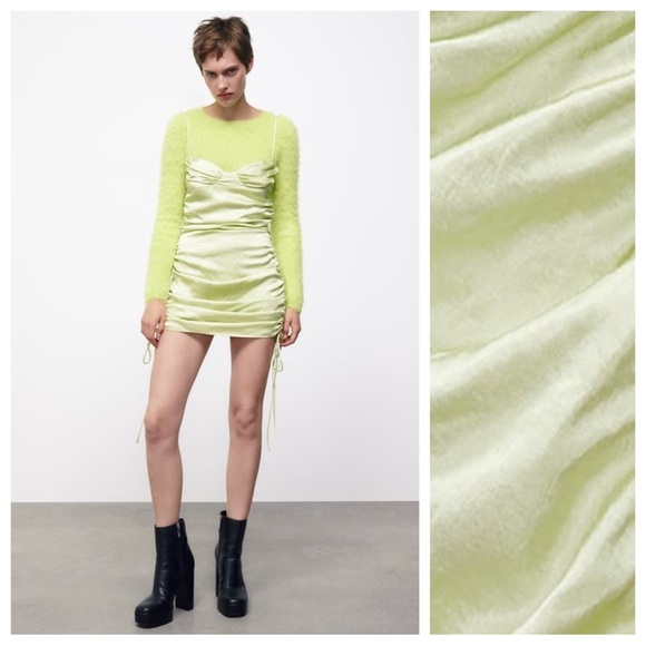 Zara Dresses & Skirts - 🌹NWT. Zara Mint Green Satin Effect Ruched Mini Dress with V-neck. Size S.